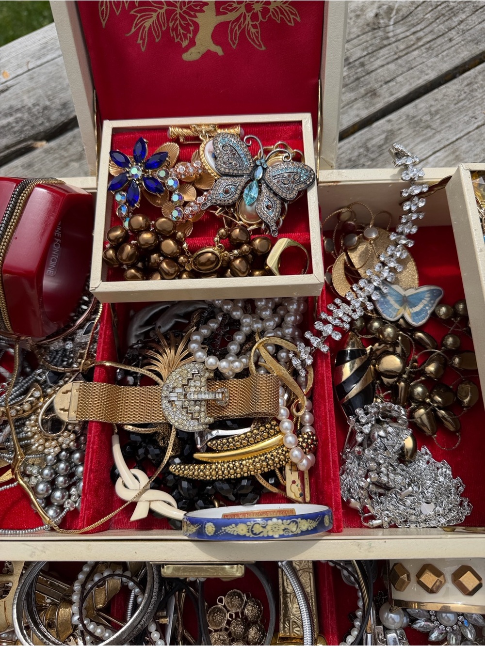 Vintage ADDED items Signed Jewelry in  Buxton Box  139 pieces
